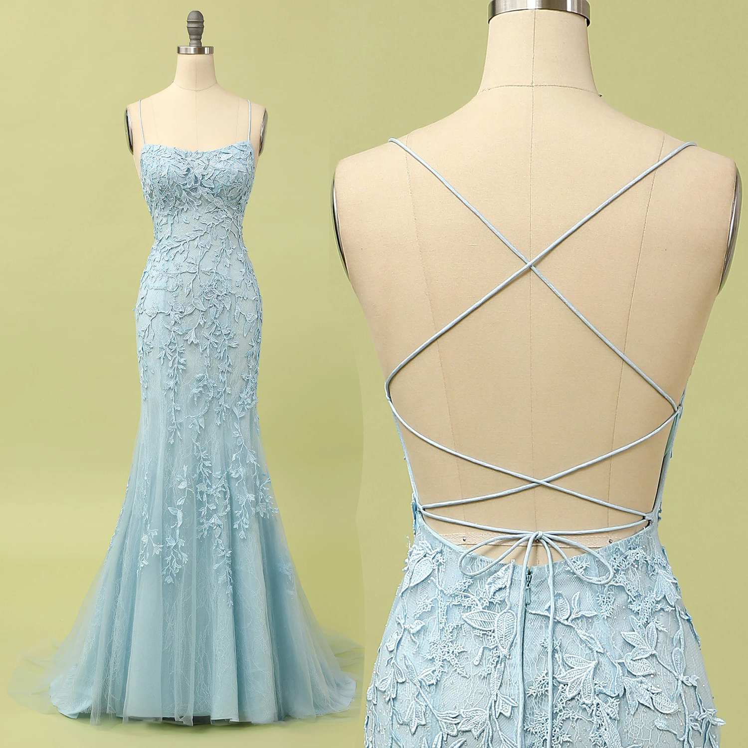 Light Blue Lace Mermaid Long Prom Dress
