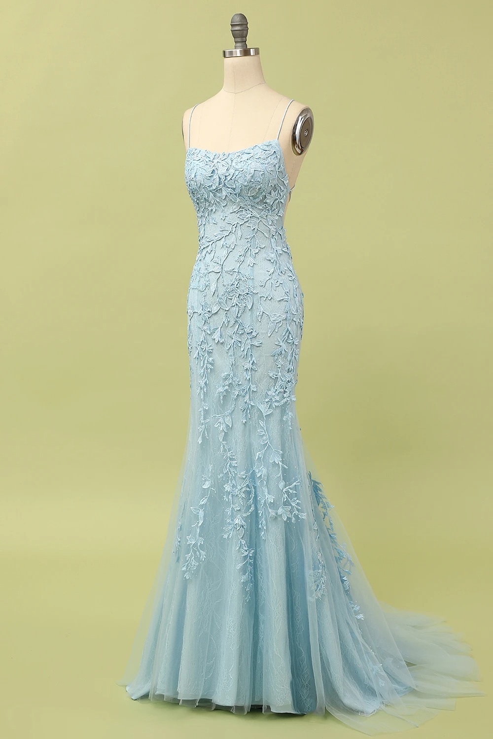 Light Blue Lace Mermaid Long Prom Dress