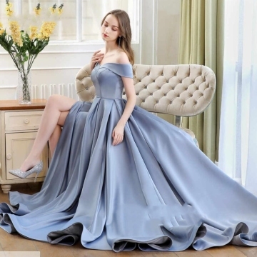 Blue Off the Shoulder Satin Long Formal Dress with Slit