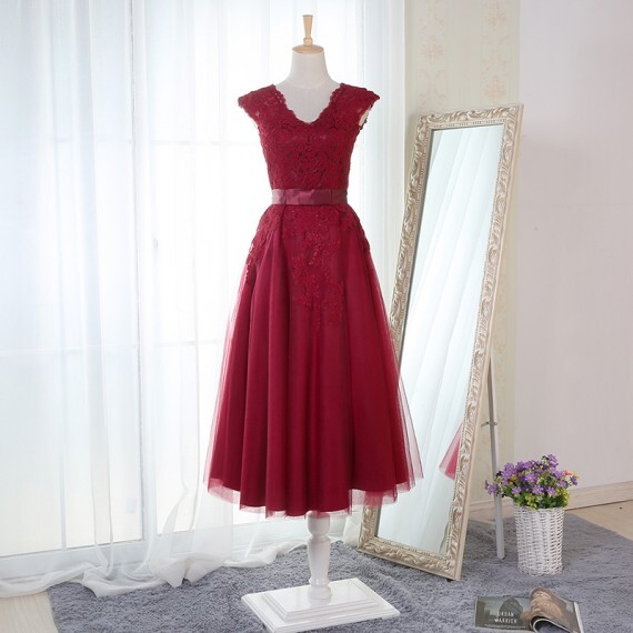 Red Lace Tea Length Bridesmaid Dress with Cap Sleeves  Red Lace Tea Length Bridesmaid Dress with Cap Sleeves  tea length bridesmaid dress\,2021 short red lace bridesmaid dress