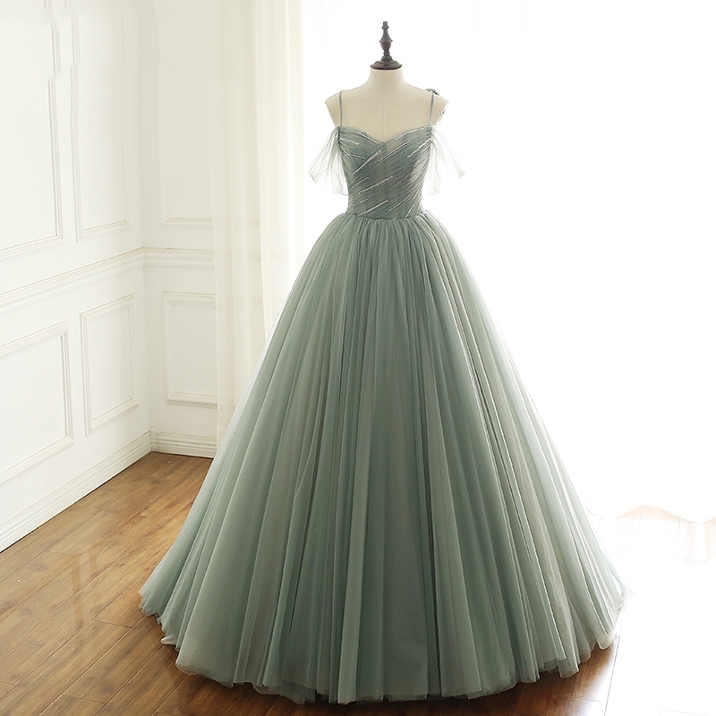 Sage Straps Tulle Long Ball Gown  Sage Straps Tulle Long Ball Gown  2021 sage prom gown,cheap sage color ball gown