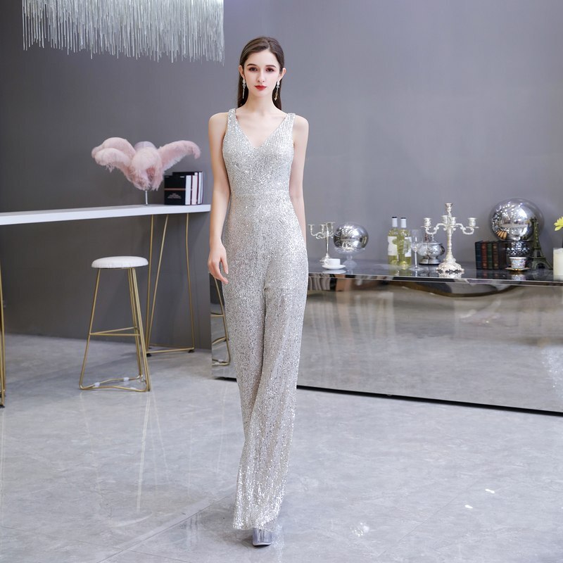 Sexy Silver V-Neck Sequins Long Evening Jumpsuit Sexy Silver V-Neck Sequins Long Evening Jumpsuit cheap long evening jumpsuit,women sexy long jumpsuit,silver v neck long jumpsuit,2021 sexy sequins long jumpsuit