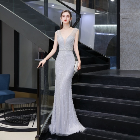 Gray V-Neck Long Evening Dress with Beads Gray V-Neck Long Evening Dress with Beads cheap long evening dress,gray v-neck evening gown,long evening dress with beads,women long dress 2021,champagne long evening gown