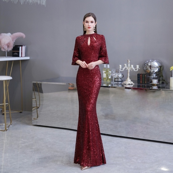 Wine Red Trumpet Sleeves Sequins Long Evening Dress Wine Red Mermaid Sequins Long Evening Dress cheap long evening dress,wine red long prom dress,mermaid sequins long evening dress,women long dress,2021 long evening dress