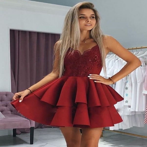 Red Lace Applique Pleated Short Homecoming Dress Red Lace Applique Pleated Short Homecoming Dress red short homecomin dress,red lace applique homecoming dress,sexy pleated short homecoming dress for girl,v-neck short homecoming dress