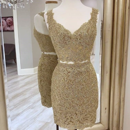 Two Piece V-Neck Appliqued Gold Homecoming Dress Two Piece V-Neck Appliqued Gold Homecoming Dress homecoming dress,two piece dress,v-neck dress,short party dress