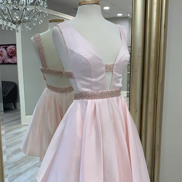 Sexy V-Neck Pink Homecoming Dress with beading back Sexy V-Neck Pink Homecoming Dress with beading back 2021 homecoming dress,short prom dress,a line dress,dress with beads,v-neck party dress