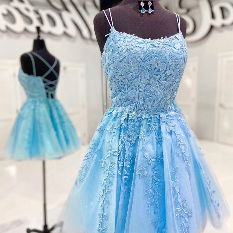 Tie Back Appliqued Blue Homecoming Dress Tie Back Appliqued Blue Homecoming Dress short prom dress,homecoming dress 2021,blue homecoming dress,cheap homecoming dress,short party dress