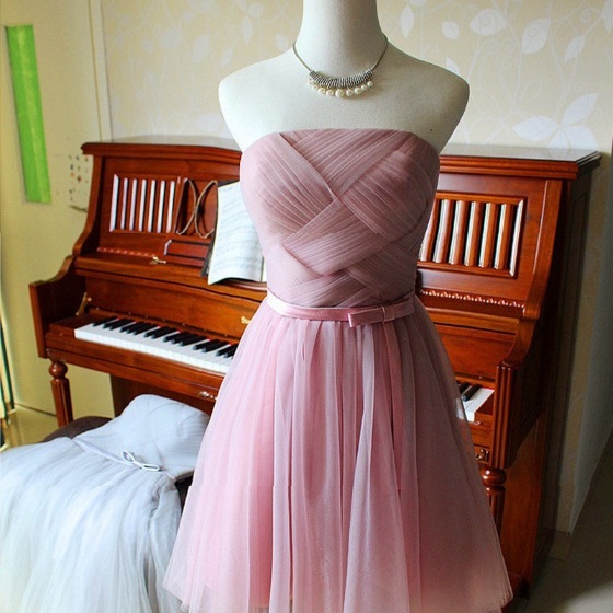 Strapless Pink Pleated Short Bridesmaid Dress Strapless Pink Pleated Short Bridesmaid Dress bridesmaid dress 2020,short tulle dress,party dress,prom dress,pink dress