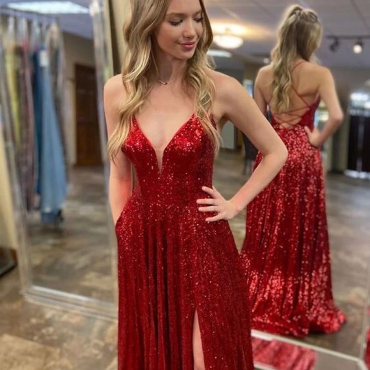 Red Spaghetti Strap Sequin Long Prom Dress
