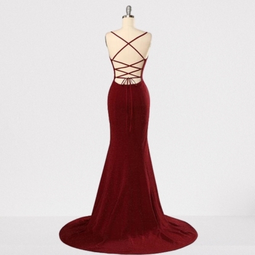 Tie Back V-Neck Burgundy Long Prom Dress