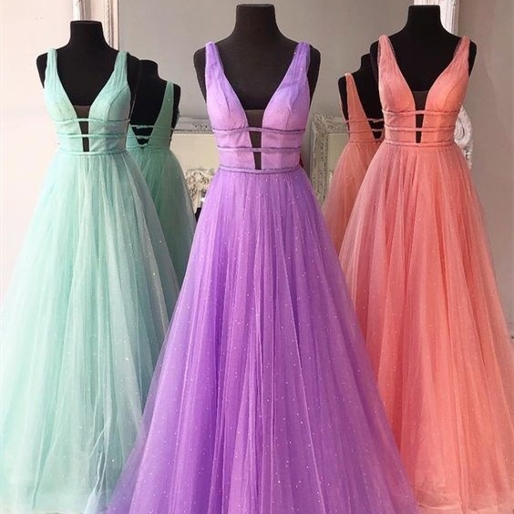 Elegant A-Line Tulle Beaded Long Prom Dress Elegant A-Line Tulle Beaded Long Prom Dress prom 2021,long dress,a line dress,satin dress,v neck dress