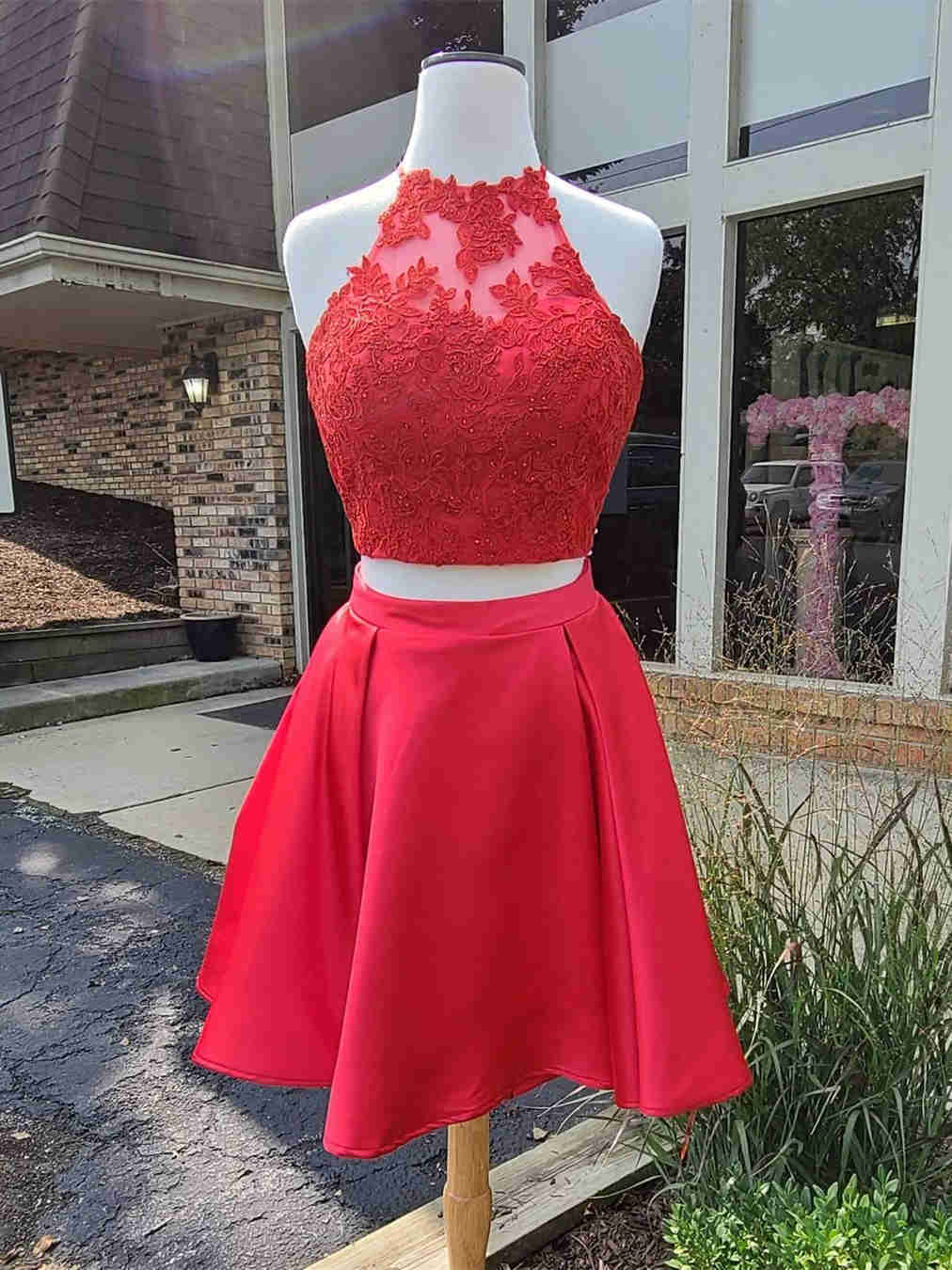 Two Piece Lace Appliqued Short Homecoming Dress Two Piece Lace Appliqued Short Homecoming Dress cheap homecoming dress,homecoming dress 2020,short party dress,red short dress
