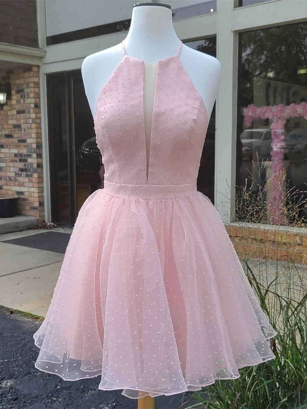 Cute Halter Pink Homecoming Dress with Dot Antinode Cute Halter Pink Homecoming Dress with Dot Antinode cheap homecoming dress,homecoming dress 2020,short party dress,pink dress,dress with dot antinode
