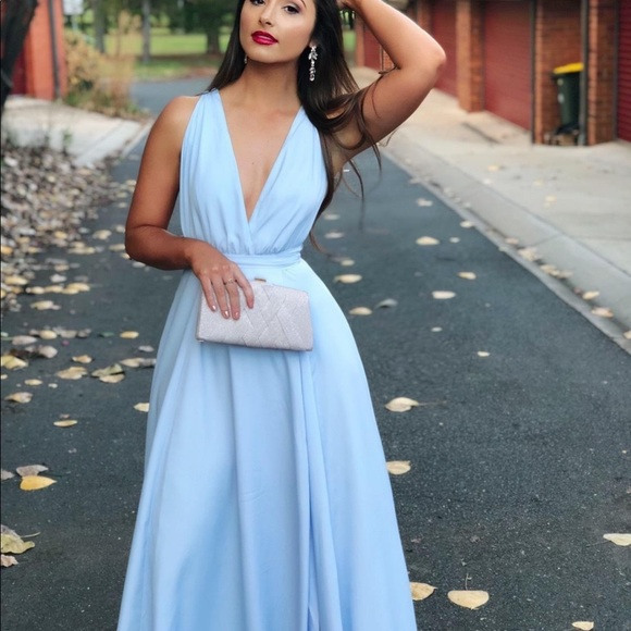 Elegant Light Blue V-Neck Long Prom Dress Elegant Light Blue V-Neck Long Prom Dress prom 2021,long dress,cheap dress,prom dress,satin dress