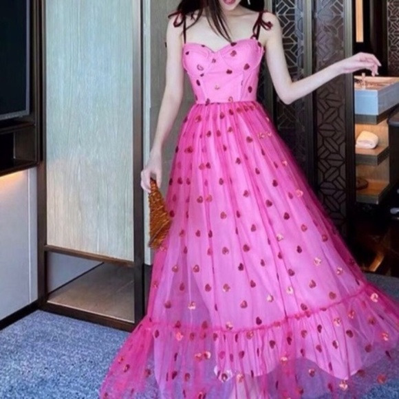 Glitter Sweetheart Fuchsia Long Party Dress with Red Dot Glitter Sweetheart Fuchsia Long Party Dress with Red Dot prom 2021,long dress,cheap dress,prom dress,satin dress