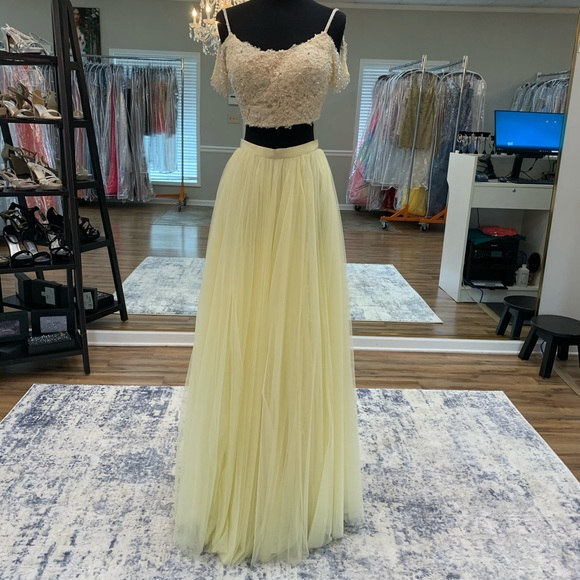 Two Piece A-Line Yellow Lace Long Prom Dress Two Piece A-Line Yellow Lace Long Prom Dress prom 2021,long dress,cheap dress,prom dress,dress with appliques