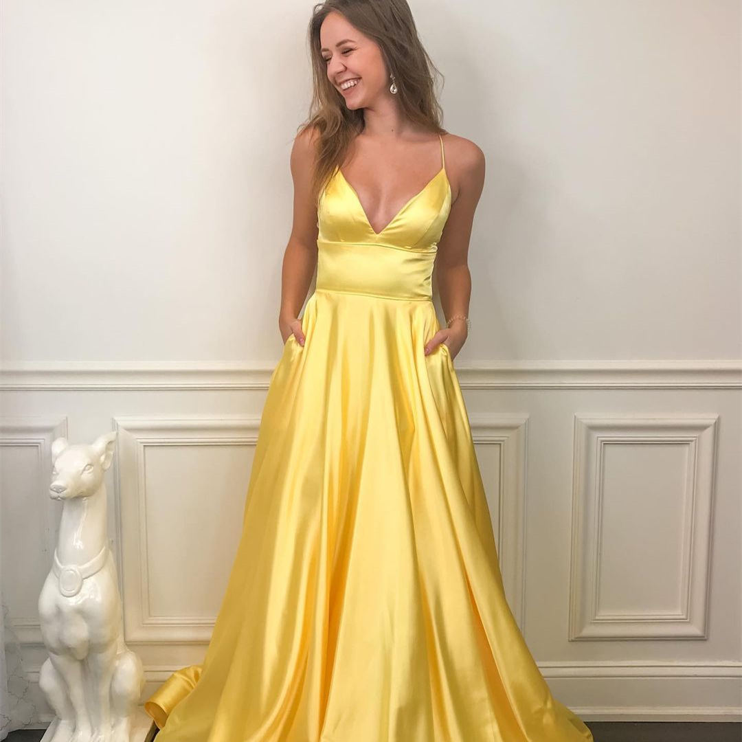 Yellow V-Neck Straps Satin Long Prom Dress with Pockets Yellow V-Neck Straps Satin Long Prom Dress prom 2021,long dress,cheap dress,prom dress,satin dress