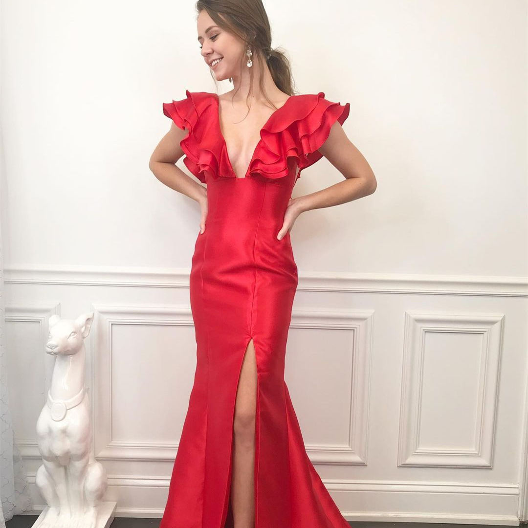 Elegant Red Ruffled Sleeve Long Prom Dress with Slit Elegant Red Ruffled Sleeve Long Prom Dress with Slit prom 2021,long dress,cheap dress,prom dress,satin dress