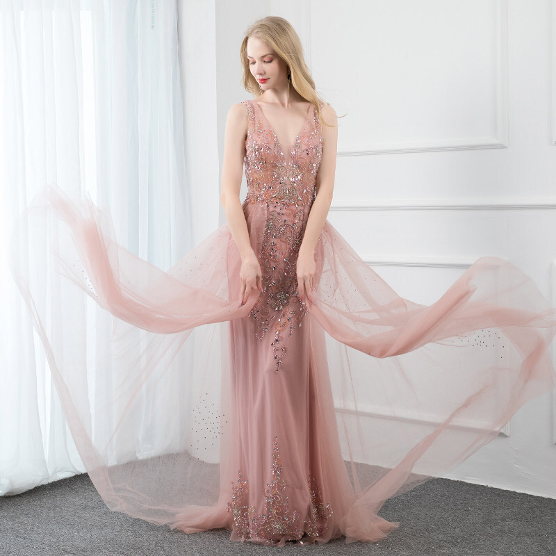 Elegant V-Neck Blush Pink Beaded Long Prom Dress Elegant V-Neck Blush Pink Beaded Long Prom Dress long dress,cheap dress,prom dress 2021,blush pink beaded dress