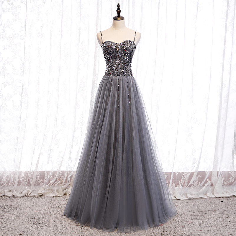 Charming Sequins Top Grey Tulle Prom Drsss ?Charming Sequins Top Grey Tulle Prom Drsss ?long dress,cheap dress,prom dress 2021,tulle long dress,sequin top long dress
