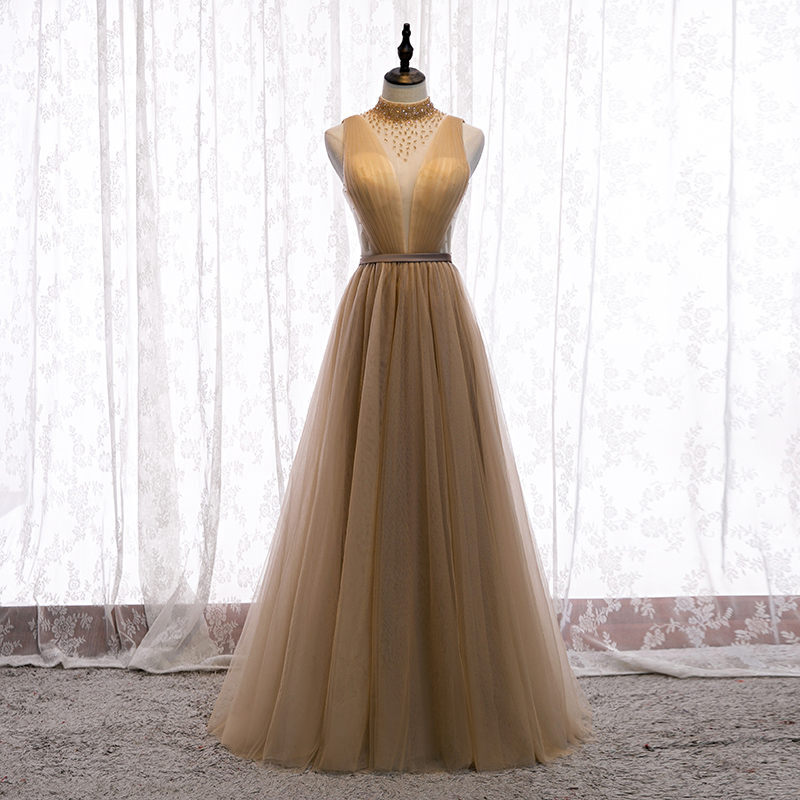 A-Line Illusion Neck Champagne Tulle Prom Dress A-Line Illusion Neck Champagne Tulle Prom Dress long dress,cheap dress,prom dress 2021,tulle long dress,liiusion neck dress