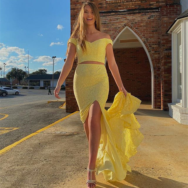 Two Piece Yellow Off The Shoulder Prom Dress with Slit Two Piece Yellow Off The Shoulder Prom Dress with Slit long dress,cheap dress,prom dress 2021,mermaid long dress