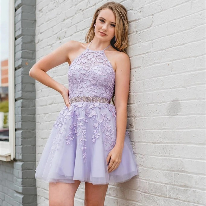 Lilac Halter Appliqued Homecoming Dress with Beading Belt Lilac Halter Appliqued Homecoming Dress with Beading Belt 2021 homecoming dress,lilac short party dress,halter appliqued homecoming dress,homecoming dress with beading belt