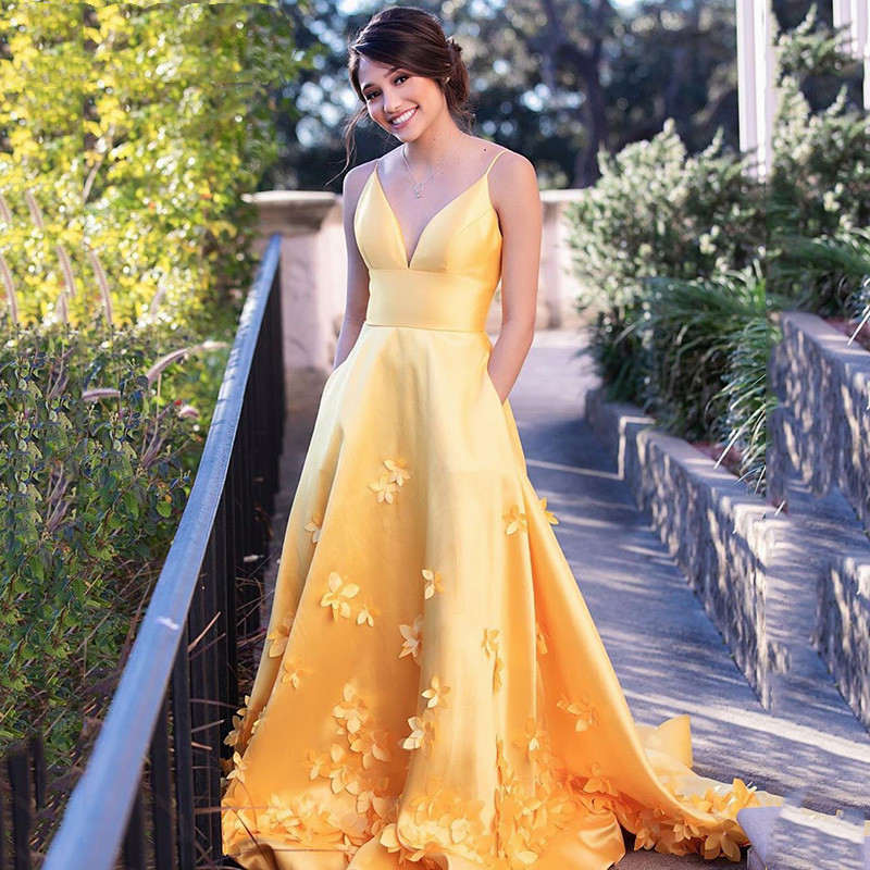 Elegant V-Neck Yellow Satin Prom Dress with Flowers Elegant V-Neck Yellow Satin Prom Dress with Flowers long dress,cheap dress,prom dress 2021,dress with flowers,light blue tulle dress