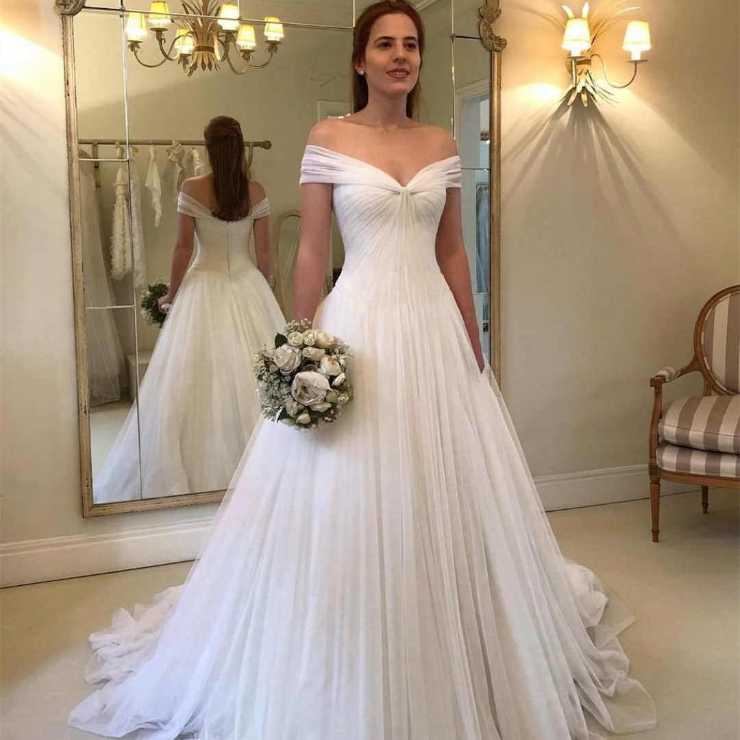 Simple Off the Shoulder White Tulle Wedding Dress Simple Off the Shoulder White Tulle Wedding Dress wedding dresses,long white wedding gown,romantic wedding gown,tulle wedding dress,off the shoulder wedding dress