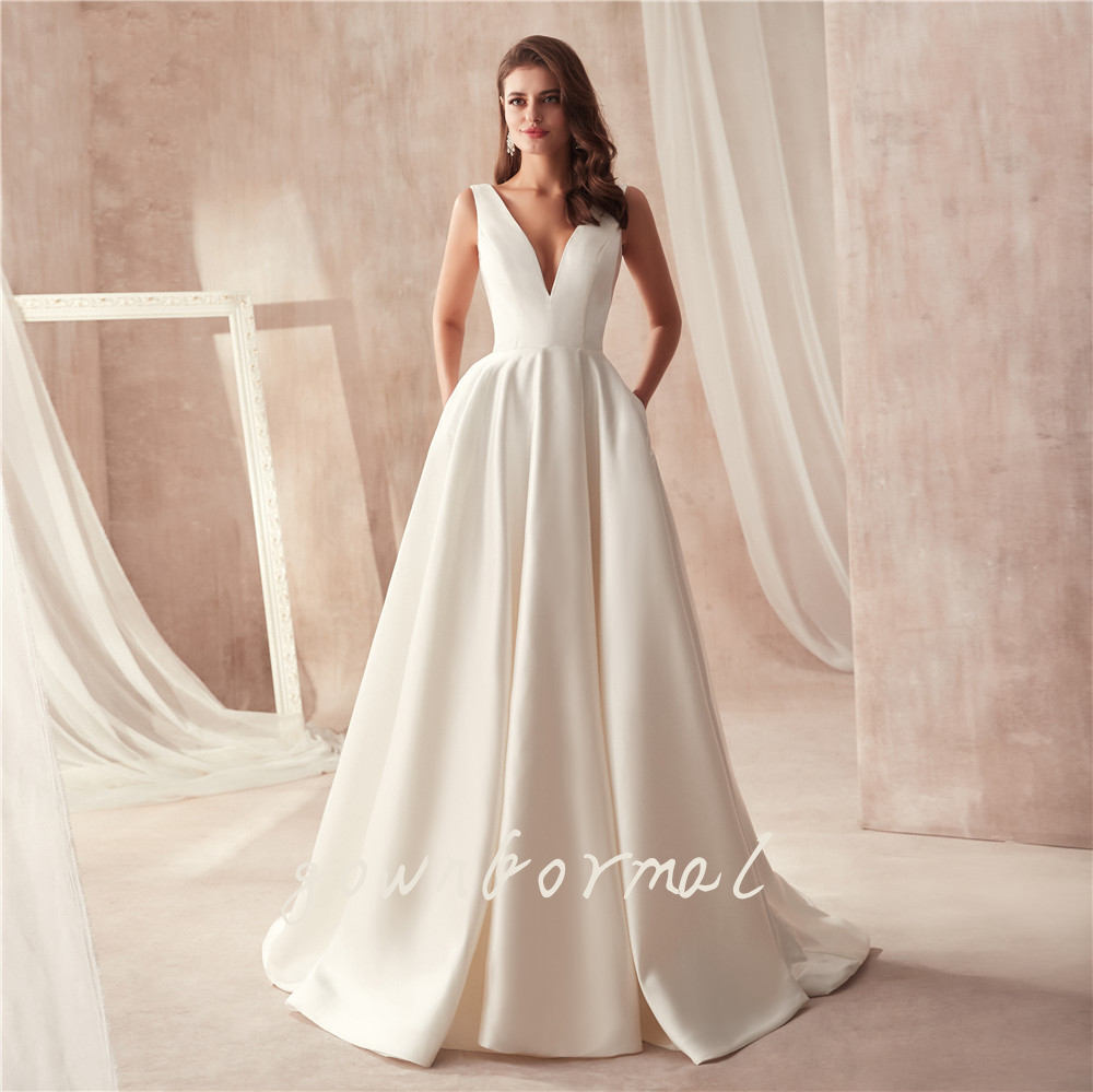 Elegant Double V-Neck Satin Wedding Gown with Pockets Elegant Double V-Neck Satin Wedding Gown with Pockets wedding dresses,long white wedding gown,romantic wedding gown,bridal dress,satin long wedding gown