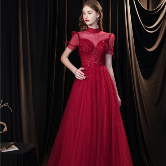 A-Line High Collar Beaded Wine Red Long Evening Dress A-Line High Collar Beaded Wine Red Long Evening Dress long dress,cheap dress,evening dress,a line prom dress,evening dress 2021