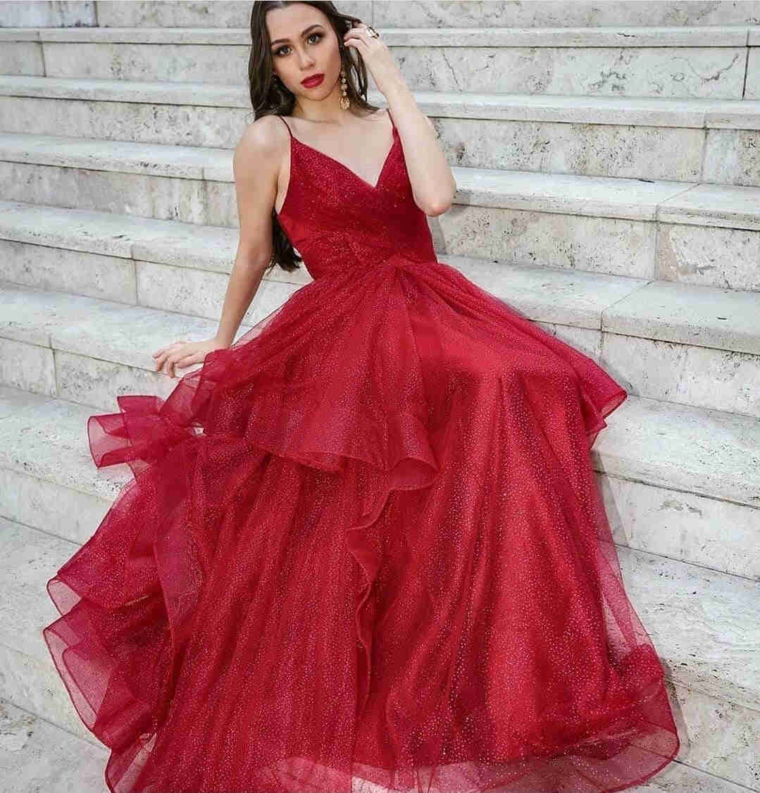 Glitter Straps V-Neck Red Long Prom Dress?Glitter Straps V-Neck Red Long Prom Dress?long dress,cheap dress,prom dress 2021,tulle long dress