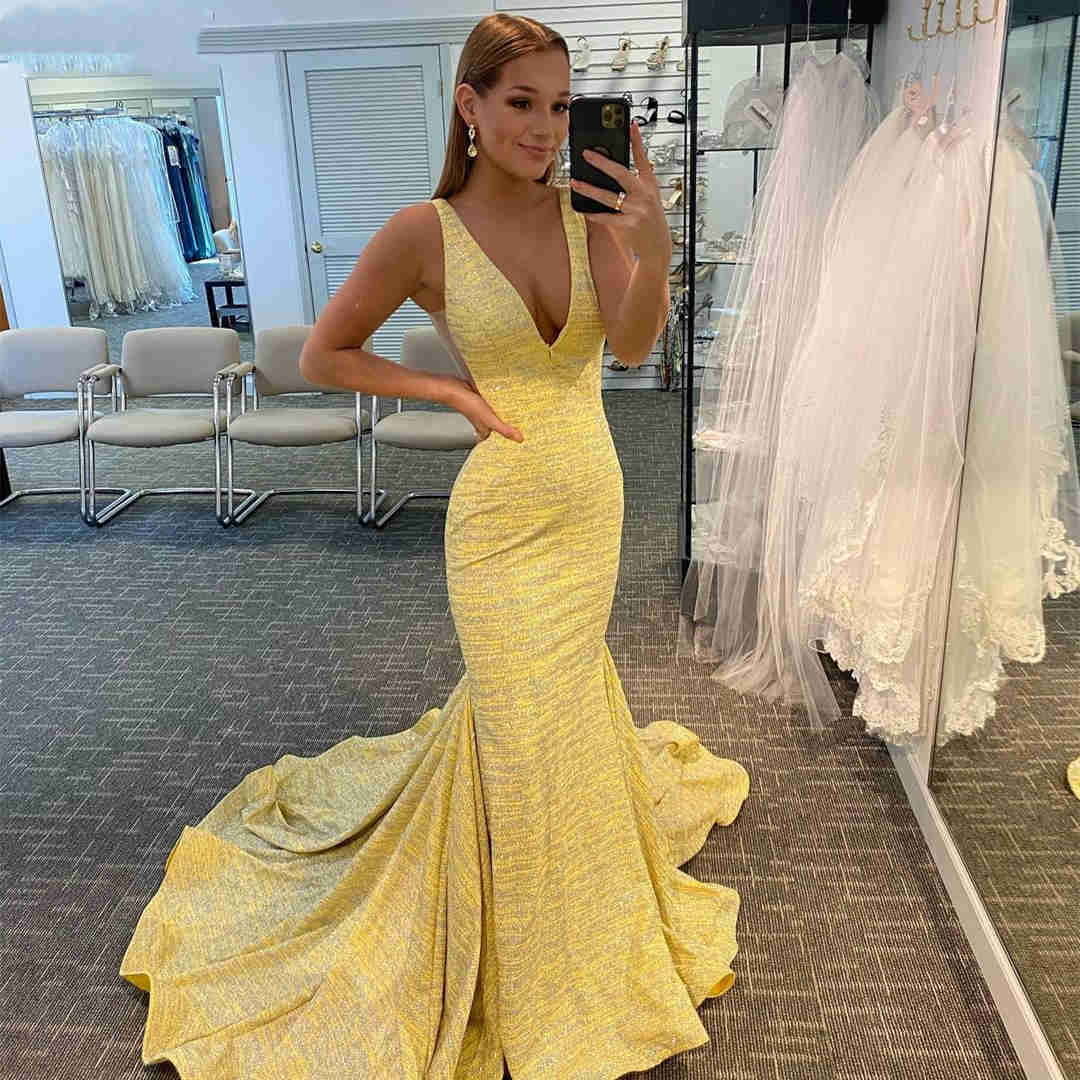 Elegant V-Neck Sleeveless Yellow Mermaid Prom Dress Elegant V-Neck Sleeveless Yellow Mermaid Prom Dress long dress,cheap dress,evening dress,bridal dress,prom dress 2021