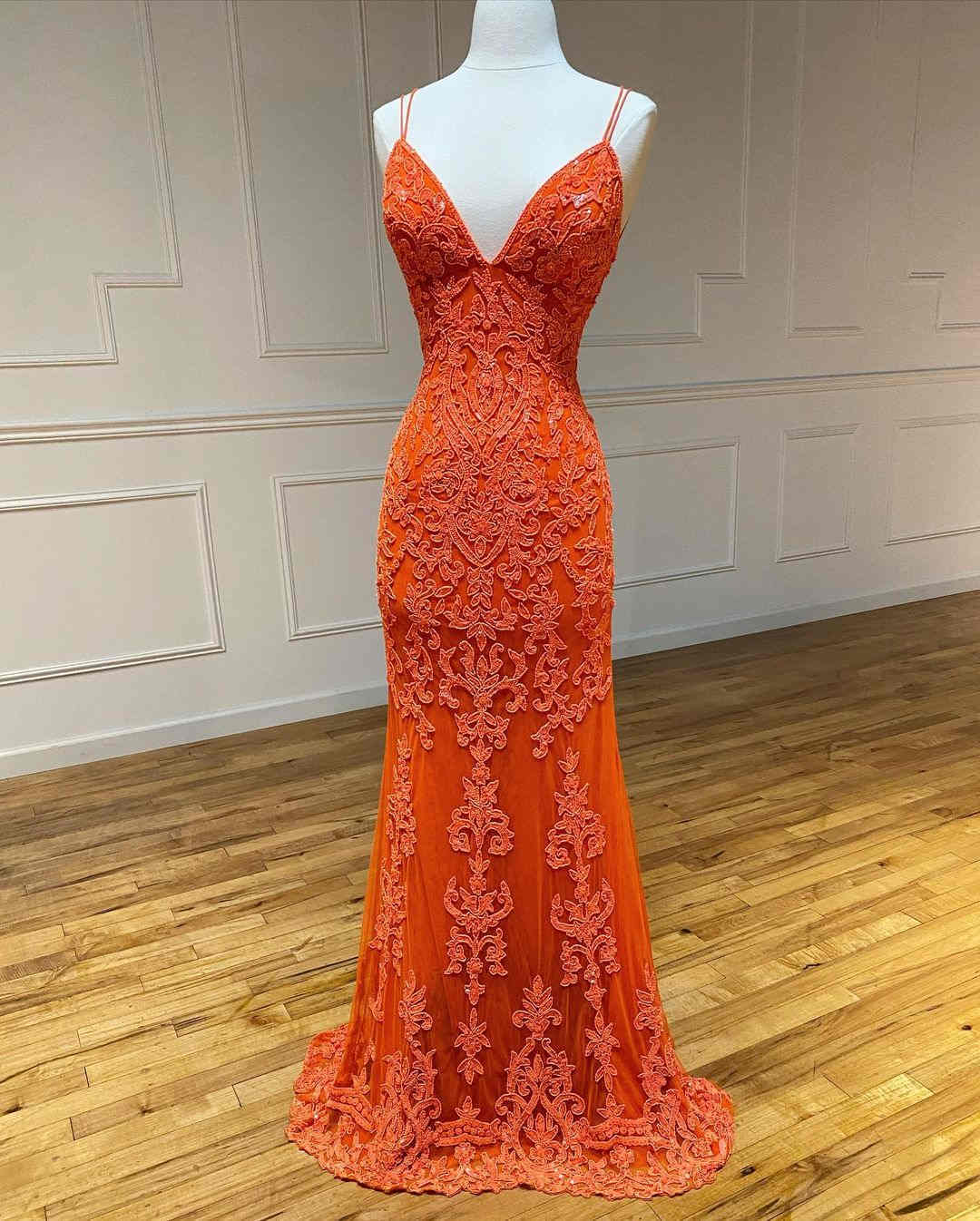 Elegant Straps Lace Appliques Orange Prom Dress Elegant Straps Lace Appliques Orange Prom Dress long dress,cheap dress,evening dress,bridal dress,prom dress 2021