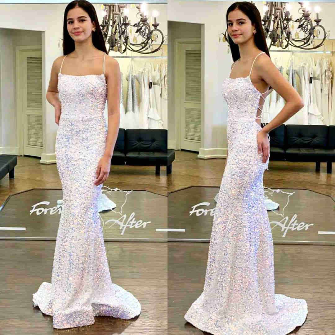 Sparkle Spaghetti Straps White Mermaid Prom Dress Sparkle Spaghetti Straps White Mermaid Prom Dress long dress,cheap dress,evening dress,bridal dress,prom dress 2021