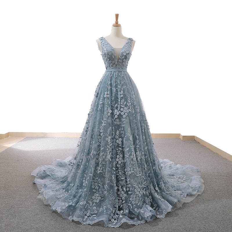Gorgeous V-Neck Embroidery Dusty Blue Ball Gown?Gorgeous V-Neck Embroidery Dusty Blue Ball Gown?long dress,cheap dress,evening dress,bridal dress,prom dress 2021