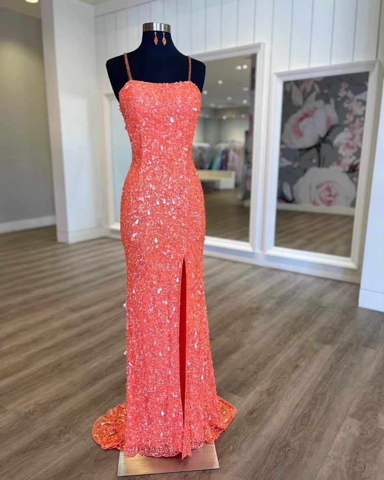 Glitter Coral Sequined Prom Dress with Slit?Glitter Coral Sequined Prom Dress with Slit?long dress,cheap dress,evening dress,bridal dress,prom dress 2021