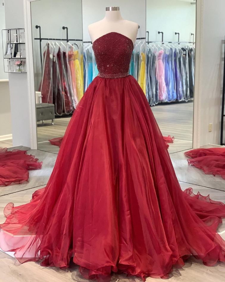 Elegant Strapless Red Fromal Dress with Beaded Top?Elegant Strapless Red Fromal Dress with Beaded Top?long dress,cheap dress,evening dress,bridal dress,prom dress 2021