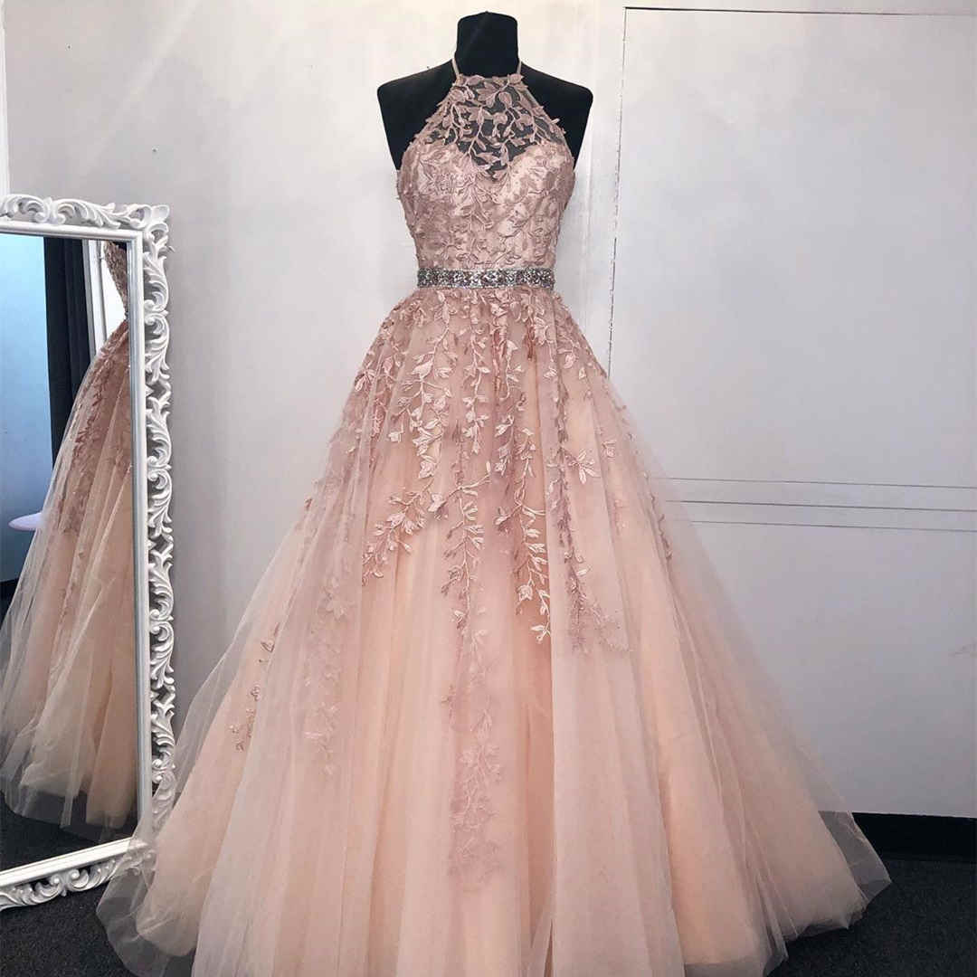 Halter Pink Appliqued Long Formal Dress?Halter Pink Appliqued Long Formal Dress?long dress,cheap dress,evening dress,bridal dress,prom dress 2021