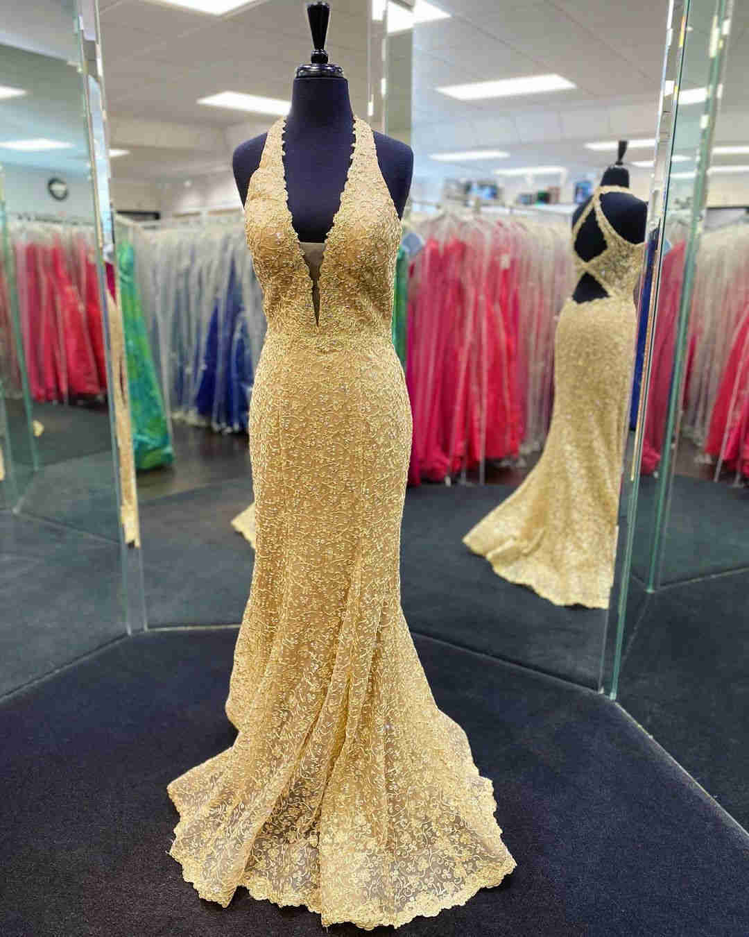 Elegant Halter Gold Lace Long Prom Dress?Elegant Halter Gold Lace Long Prom Dress?long dress,cheap dress,evening dress,bridal dress,prom dress 2021