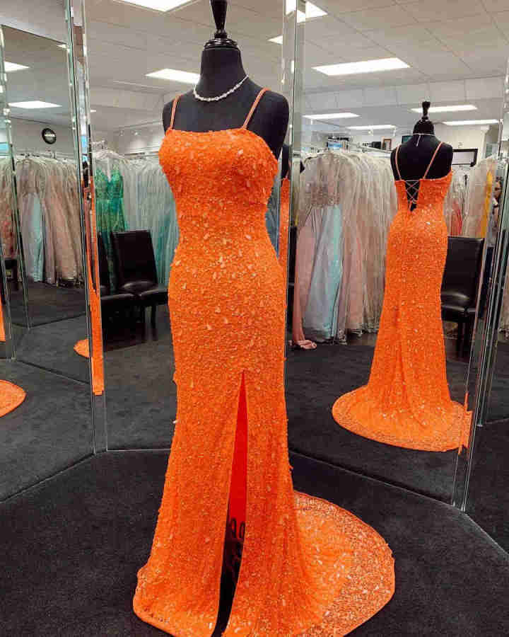 Mermaid Sequined Orange Prom Dress with Slit