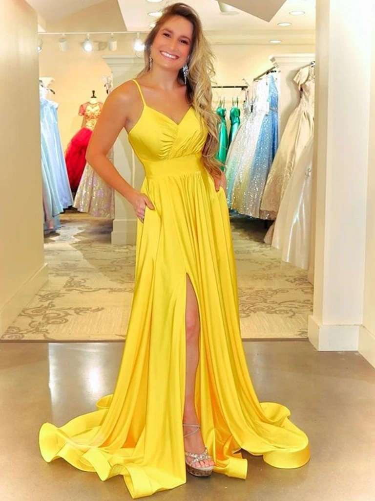 Elegant V-Neck Yellow Prom Dress with Slit?Elegant V-Neck Yellow Prom Dress with Slit?long dress,cheap dress,evening dress,bridal dress,prom dress 2021