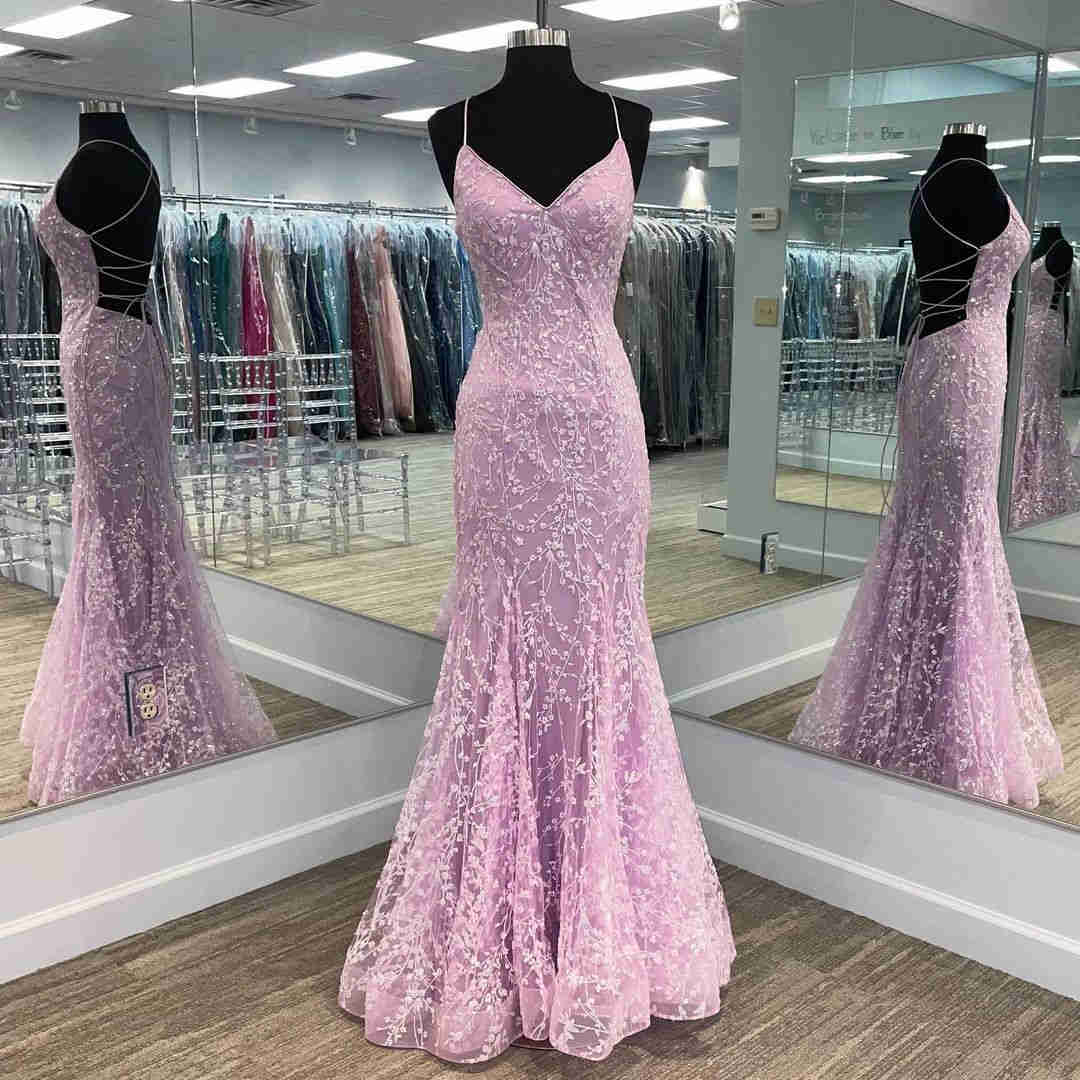 Lilac Prom Dresses Mermaid Lace Long Beaded Formal Dresses Strapless