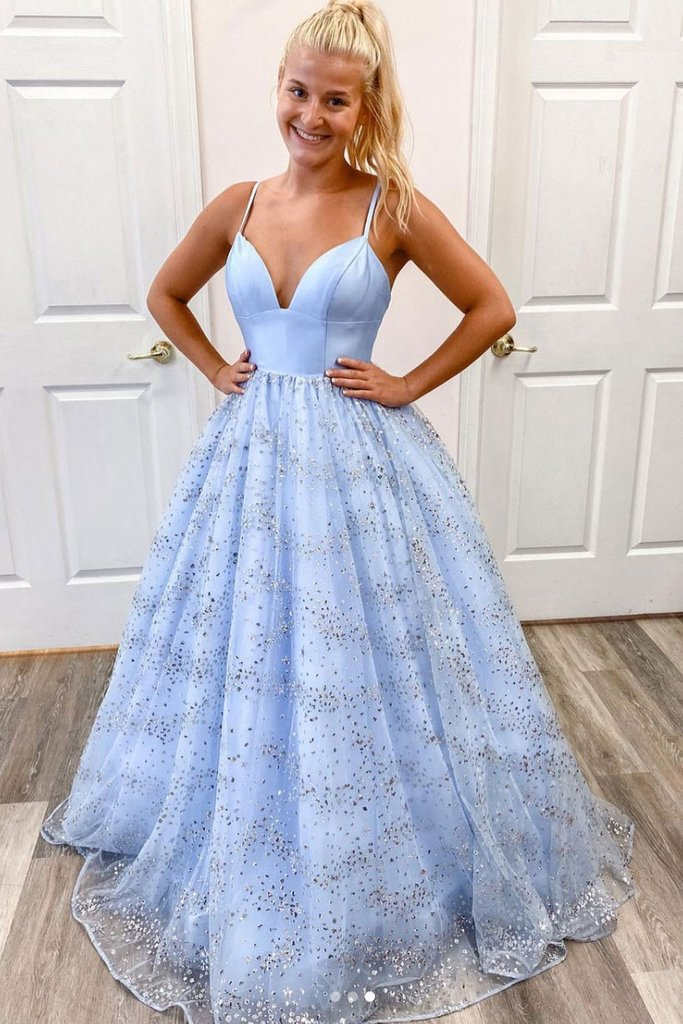 Glitter Princess Light Blue Long Prom Dress