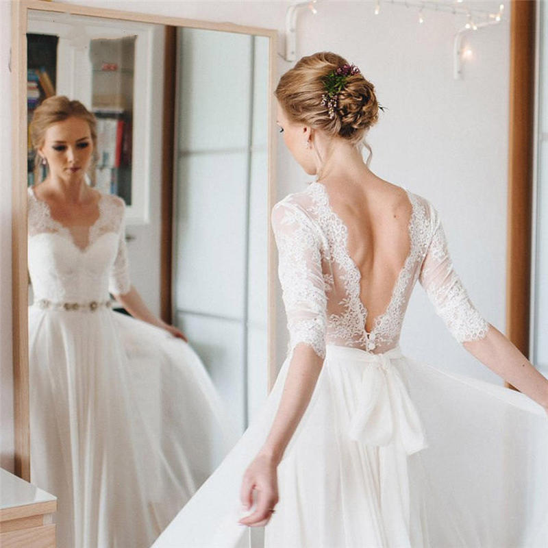 Elegant White Lace Beach Wedding Dress with Illusion Sleeves