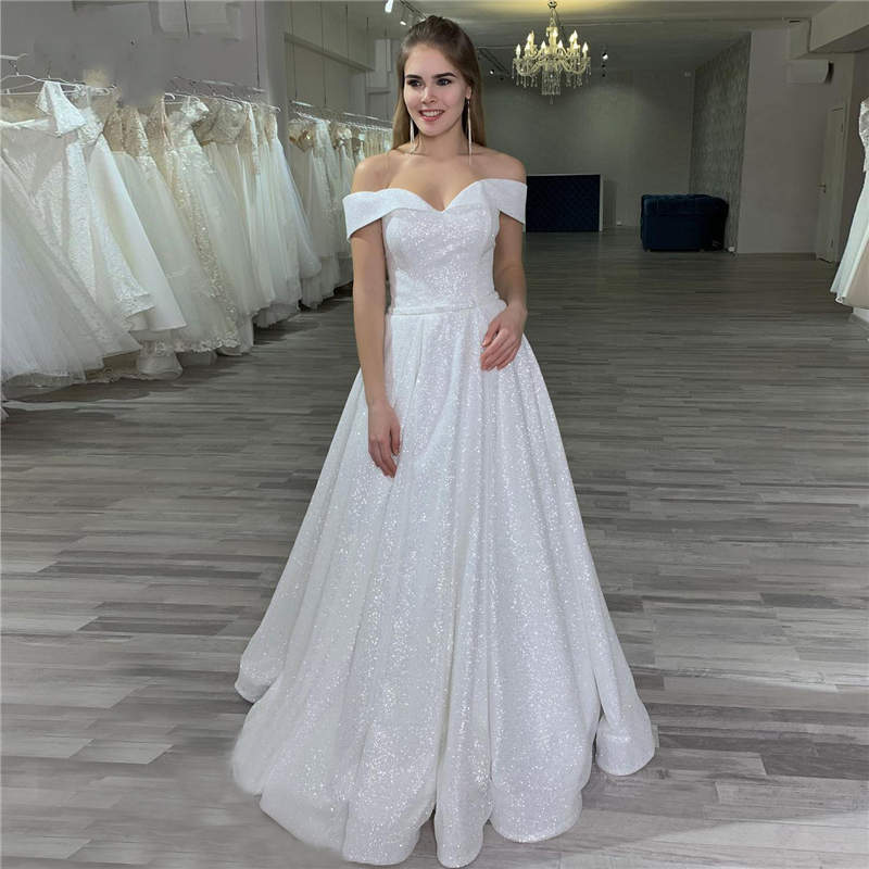 Sparkle Elegant Off the Shoulder White Long Bridal Dress 