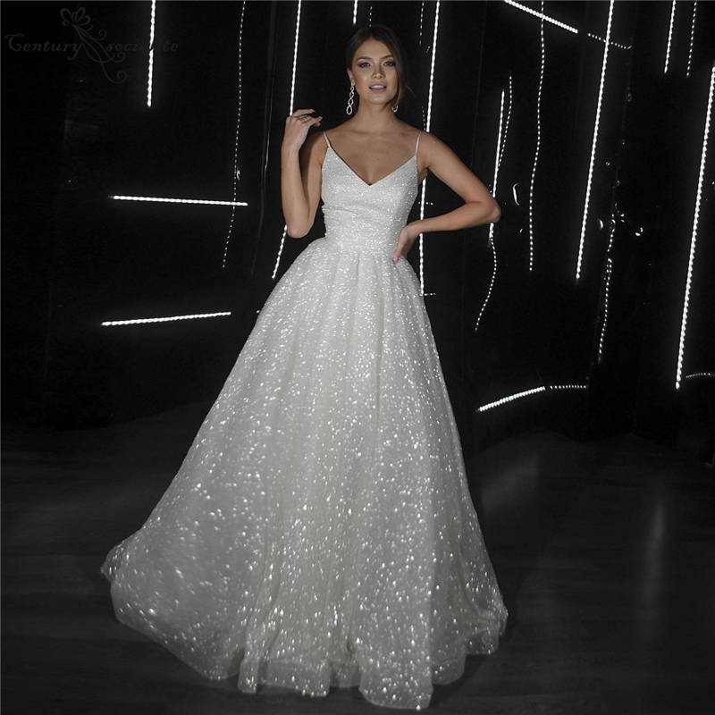 A-Line Glitter V-Neck White Long Bridal Gown