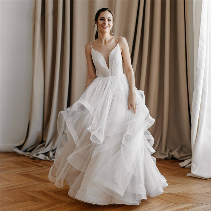 Elegant Illusion V-Neck Cascading Ruffles Wedding Dress