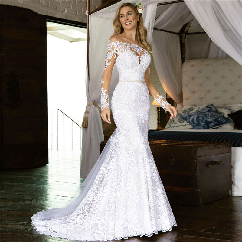 Mermaid Off the Shoulder Long Bridal Gown with Lace Appliques